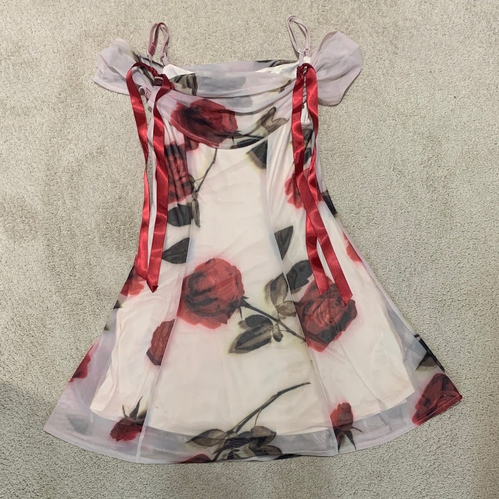 Girls Red Rose Print Chiffon Dress Top